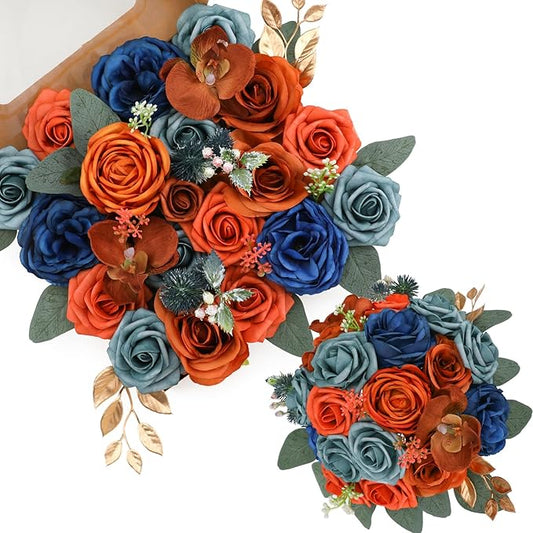 Artificial Flowers Combo for DIY Wedding Bouquets Combo Centerpieces Arrangements Party Bridal Baby Shower Home Decorations-Teal&Terracotta