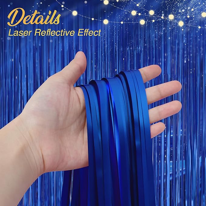 2 Pack Metallic Dark Blue Fringe Backdrop, 3.2x8.2ft Shining Foil Tinsel Curtains, Birthday Party Decorations Door Streamers for Halloween, Christmas, Wedding, Graduation, Holiday, Theme Events