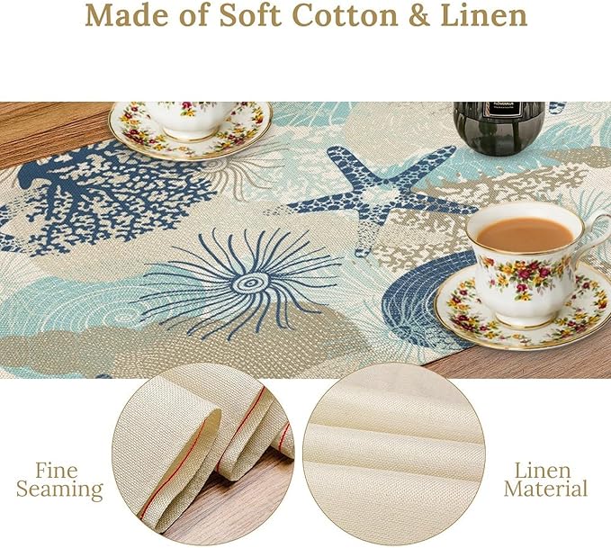 Nautical Coastal Table Runner，Ocean Themed Starfish Coral Conch Beach Kitchen Dinning Table Decoration for Indoor Outdoor Home Party Decor 13x108 Inch