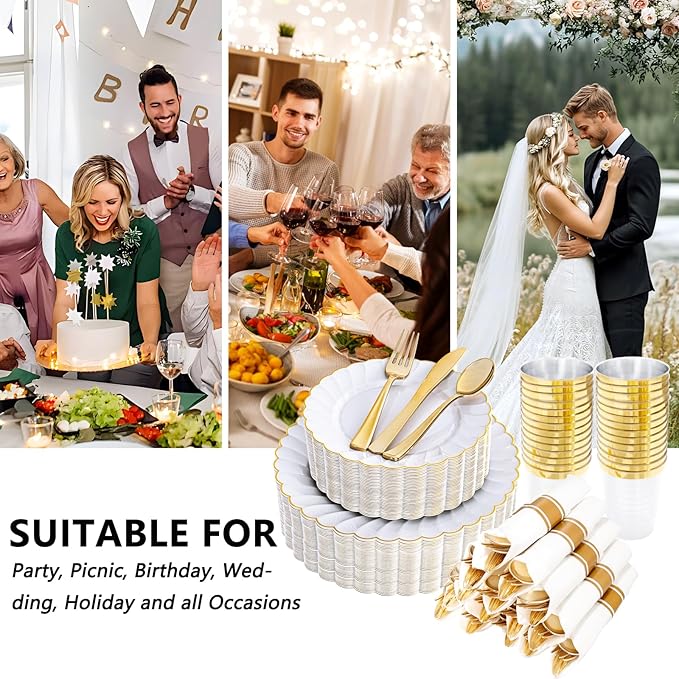 YOUBET 350PCS Gold Scalloped Plastic Plates - White and Gold Disposable Dinnerware Set Include 100 Plates, 150 Gold Silverware, 50 Cups, 50 Napkins for Wedding & Party & Thanksgiving