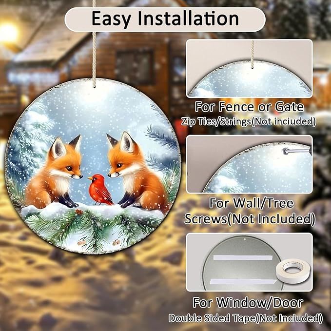Christmas Round Fox Metal Tin Sign - Red Bird Winter Vintage Sign for Home & Outdoor Decorations - 8 * 8 in