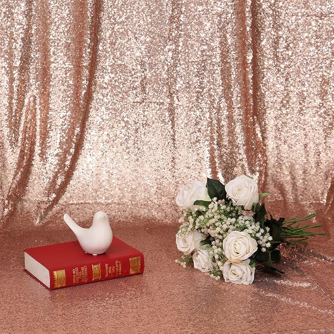 Poise3EHome 2Pcs 3Ft x 8Ft Rose Gold Sequin Backdrop Curtain, Glitter Photography Background, Sequence Xmas Thanksgiving Backdrop for Wedding Party Holiday Festival Decor