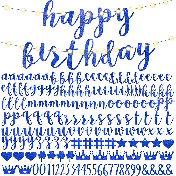 TaoBary 167 Pcs DIY Banner Kit Happy Birthday Glitter Banner Customizable Glitter Make Your Own Kit 162 Letters Symbols and Numbers 3 Rope for Birthday Halloween Wedding Christmas(Royal Blue)