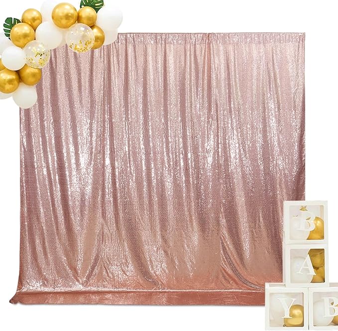 SquarePie Sequin Backdrop Non-Transparent Background Sparkly Curtain for Wedding Party 8FT x 8FT Rose Gold