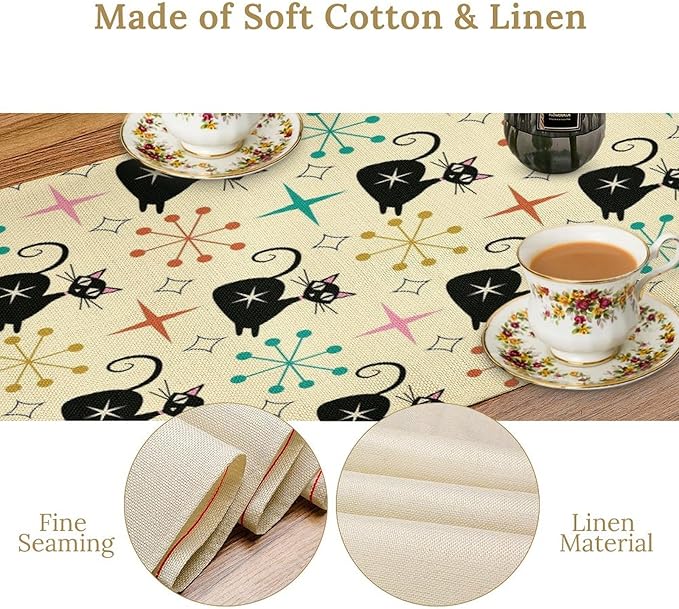 Mid Cat Table Runner, Vintage Black Cat and Atomic Stars 1950s 1960s Abstract Geometric Space Pattern Table Decoration for Home Kitchen Restaurant 13x60 Inches