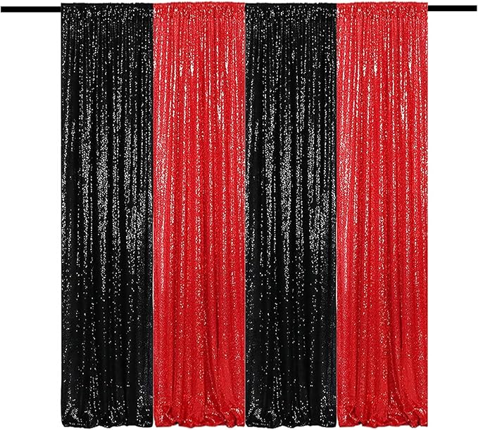 Sequin Backdrop Curtain 4 Panels 2FTx8FT Glitter Background Drapes Black and Red Sparkle Photography Backdrop for Party Wedding Birthday Wall Decoration