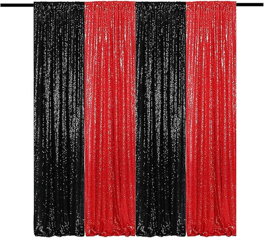 Sequin Backdrop Curtain 4 Panels 2FTx8FT Glitter Background Drapes Black and Red Sparkle Photography Backdrop for Party Wedding Birthday Wall Decoration