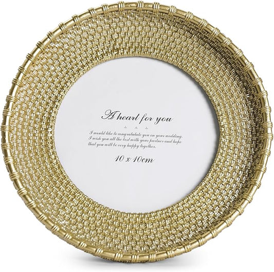 Cuspin Round Picture Frame 4x4 Vintage Gold Frames, Rattan Textured Hand-Crafted Photo Frame with Glass Front, Antique Picture Frame for Tabletop Display & Wall Display, Retro Design Home Decor