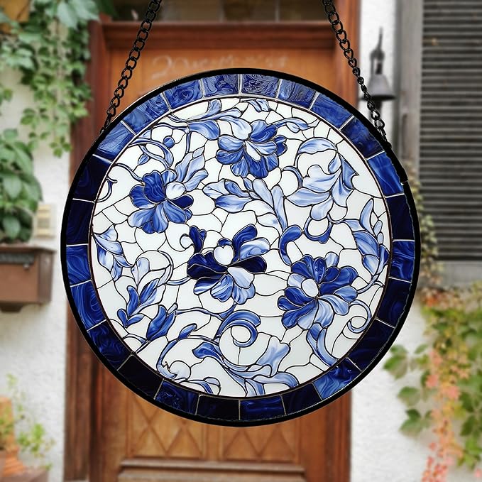 Stained Glass Window Hanging, Blue and White Abstract Flowers Sun Catcher for Door Home Decor Suncatcher Christmas Mother's Day Birthday Gifts for Women Men Mom and Nana 11.8 in