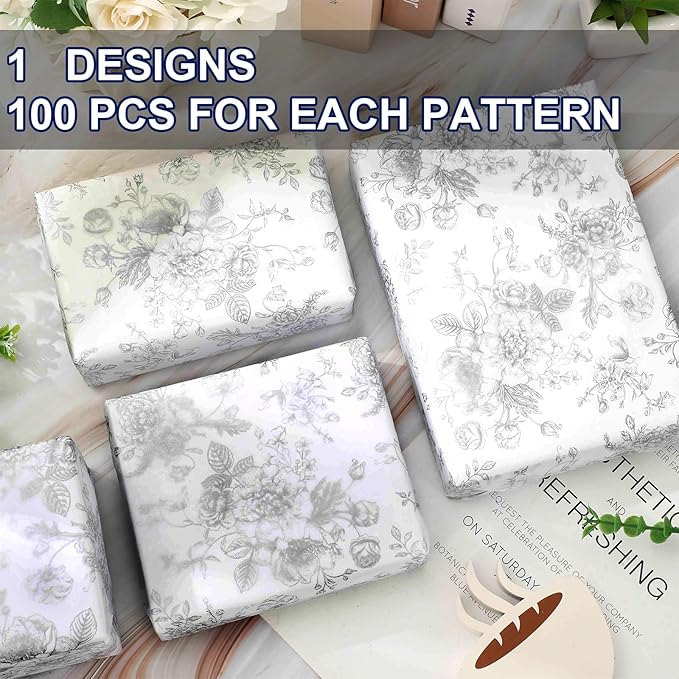 JarThenaAMCS 100 Sheets Floral Tissue Paper Silver Flower Gift Wrapping Paper Vintage Decorative Art Paper for Home Party DIY Crafts Supplies, 14 x 20 Inch
