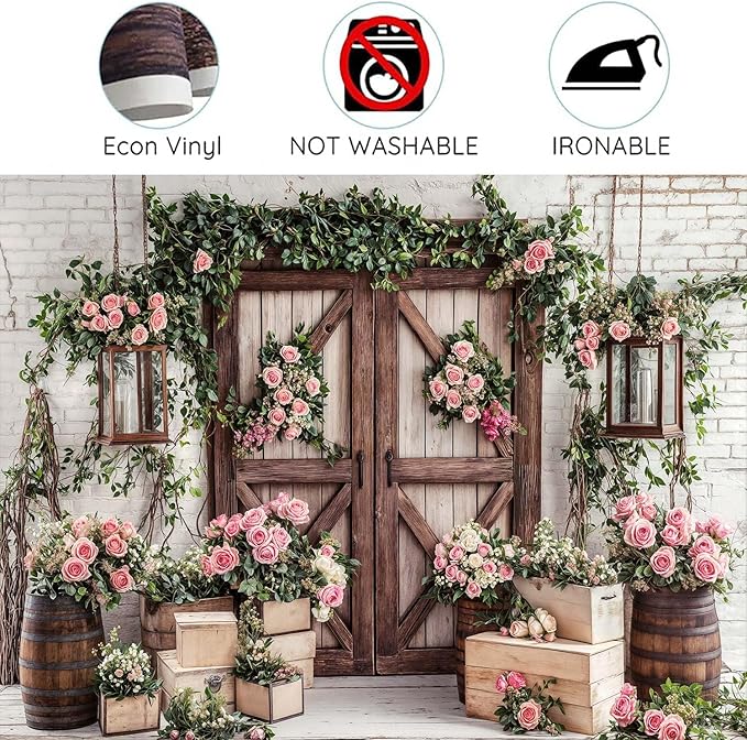 6x6ft Country Wedding Photography Backdrop Floral Rustic Roses Farmhouse Wooden Door Backdrop Pink Flower Birthday Baby Shower Wedding Bridal Party Banner Photo Booth Props Anniversary Background