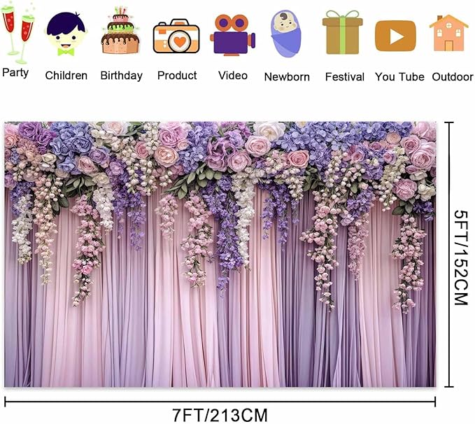 5x4ft Purple Flower Wedding Photography Backdrop Lavender Floral Wedding Bridal Photography Backdrop Anniversary Birthday Baby Shower Girl Party Banner Photo Booth Props Background Wall Decor