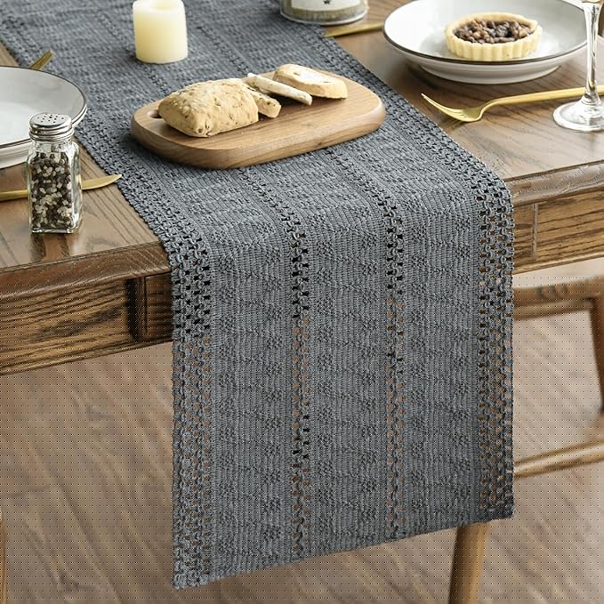 Artoid Mode Dark Grey Farmhouse Woven Rustic Hollow Table Runner, Seasonal Holiday Hollow Kitchen Dining Table Decoration for Home Party Decor 12x108 Inch