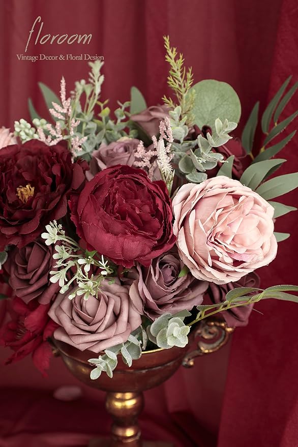 Floroom Burgundy Mauve Artificial Flowers Marsala Fake Roses Peonies and Greenery Combo Box Set for DIY Dark Red Wedding Bouquets Bridal Shower Centerpieces Floral Arrangements Party Tables Decoration