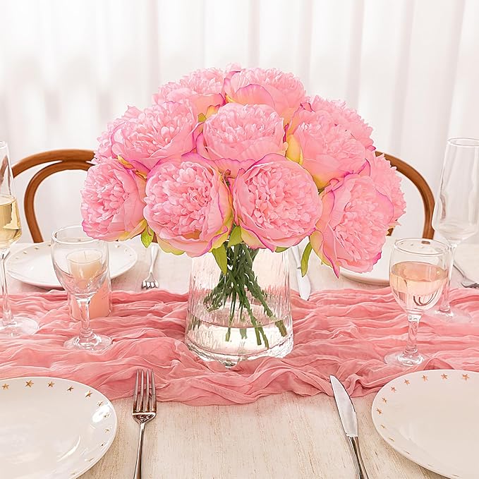 U'Artlines 2 Bouquet 10 Heads Artificial Peony Silk Flower Leaf Home Office Wedding Party Festival Bar Decor (Pink)