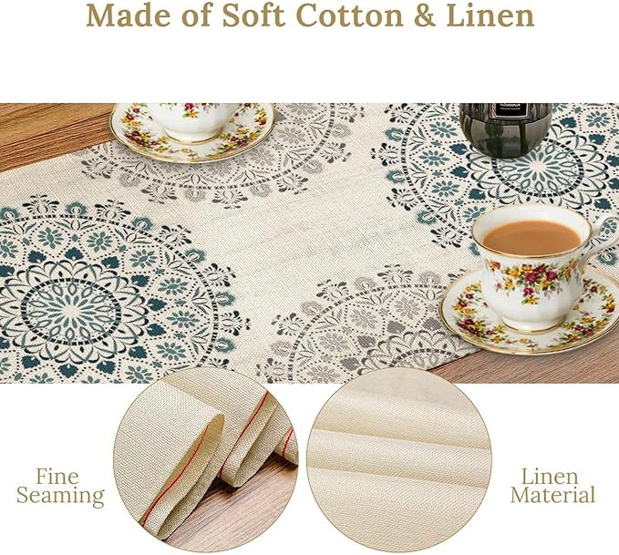 Boho Flower Table Runner, Bohemian Turquoise Mandala White Teal Floral Kitchen Dining Table Runners for Indoor Outdoor Home Party Holiday Decor, 13x108inch