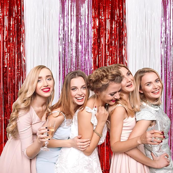 TONIFUL Valentine's Day Door Streamers,Red Pink and White Photo Booth Backdrop Metallic Streamers Foil Fringe Curtain for Birthday Valentine's Day Bridal Shower Engagement Party Decoration