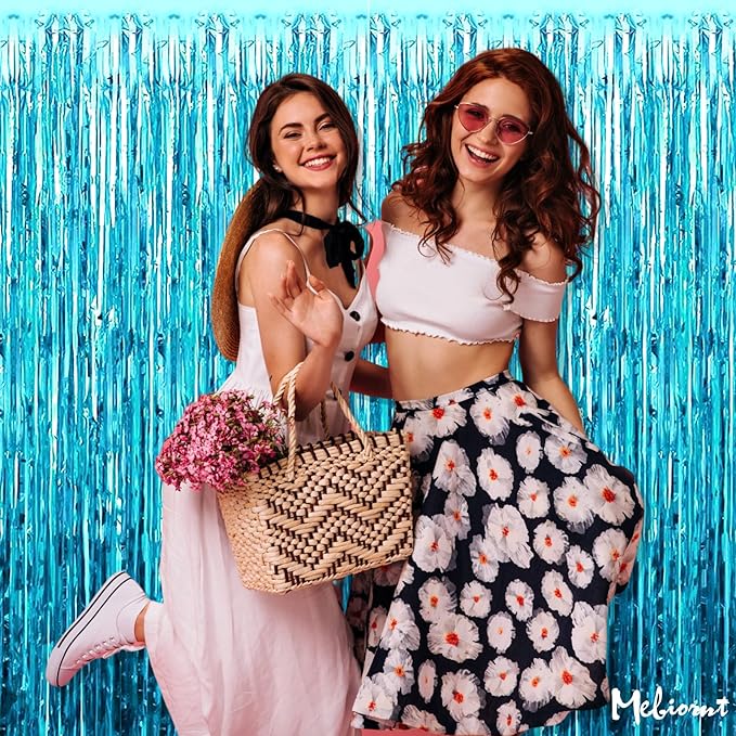 4 Pack Fringe Curtain Backdrop, 3.2Ft x 6.6Ft Blue Metallic Tinsel Foil Fringe Streamers Background for Photo Booth Birthday Wedding Baby Shower Easter Pool Ocean Underwater Party Decorations