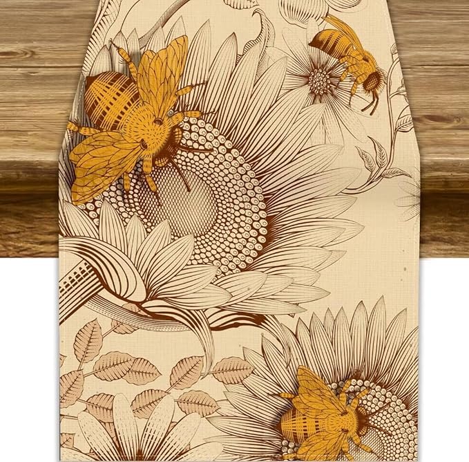 Vintage Bee Table Runner, Rustic Retro Wildflowers Print Home Farmhouse Table Cover for Party Indoor Outdoor Decoration Kitchen Dining Table Decor, 13x108inch