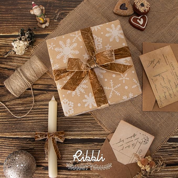Ribbli Khaki Velvet Ribbon 3/8 Inches Luxury Crinkled Brown Christmas Ribbon for Gift Wrapping Crafts Home Decor-Continuous 10 Yard