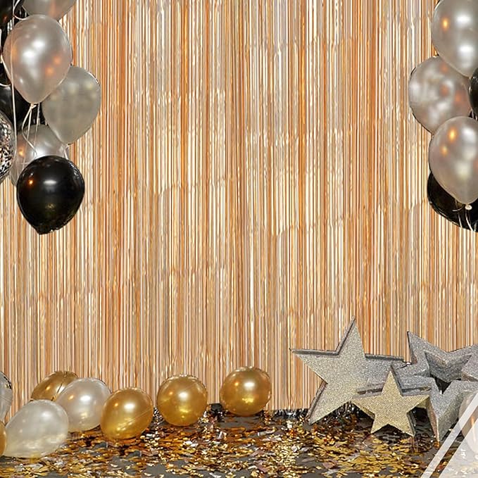 3 Pack Foil Fringe Backdrop - Laser Champagne Shiny Tinsel Curtains for Party Decoration/Photo Booth Props - 3.3x8.2 FT Metallic Foil Backdrop for Birthday, Wedding, Graduation, Christmas.