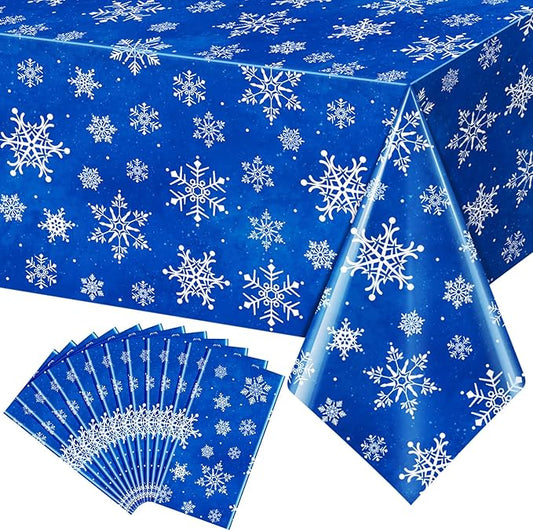 Jectivs 12 Pieces Christmas Snowflake Plastic Party Tablecloth Decorations,White Snowflake Blue Xmas Backdrop Sign Table Cover Banner for Winter Christmas Holiday Party Supplies,54x108 inch (Blue)