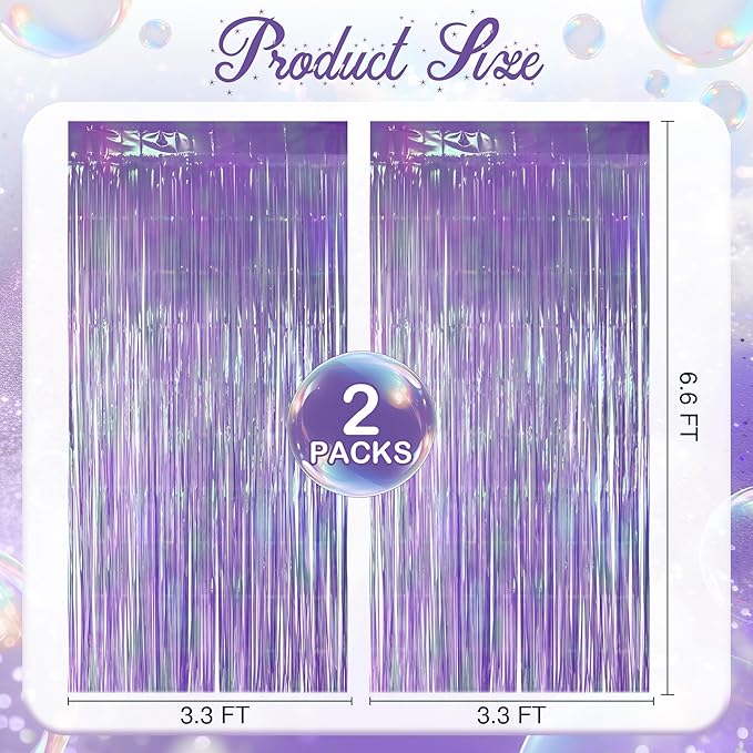 2 Pack Purple Iridescent Streamers Backdrop, 3.3x6.6ft Foil Fringe Curtains Lavender Holographic Door Tinsel Streamers for Birthday, Wedding, Holiday, Bachelorette, Theme Party Decorations
