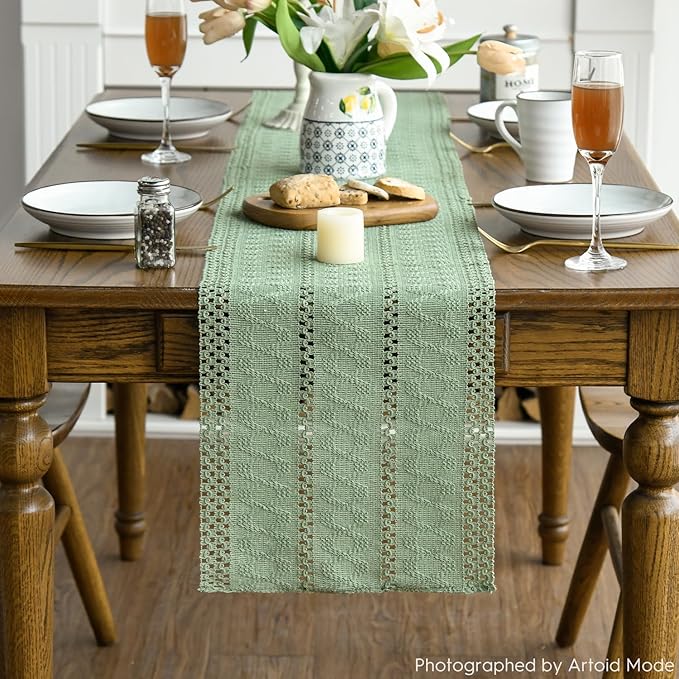 Artoid Mode Light Green Farmhouse Woven Rustic Hollow Table Runner, Seasonal Holiday Hollow Kitchen Dining Table Decoration for Home Party Decor 12x120 Inch