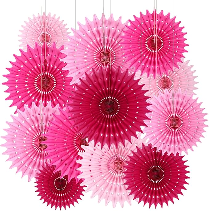 12PCS Paper Fans Hot Pink Party Decorations Tissue Paper Flowers Decorations for Girl Groovy Birthday Baby Shower Wedding Bachelorette Room Wall Hanging Décor