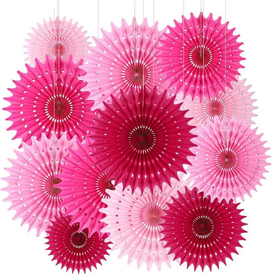 12PCS Paper Fans Hot Pink Party Decorations Tissue Paper Flowers Decorations for Girl Groovy Birthday Baby Shower Wedding Bachelorette Room Wall Hanging Décor