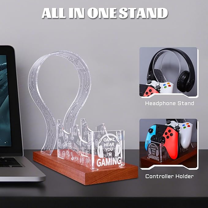 YuanDian Gamer Gifts for Teenage Boy, Can't Hear You I'm Gaming Headset and Controller Stand, Acrylic Wooden Controller Holder with Blue Pink LED Night Light, Desk Decor Gift