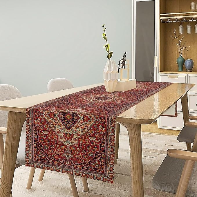 Boho Floral Vintage Table Runner, Paisley Retro Red Flower Rustic Country Farmhouse Abstract Pattern for Home Kitchen Table Decor Dining Coffee Room Party Decor 13x60in