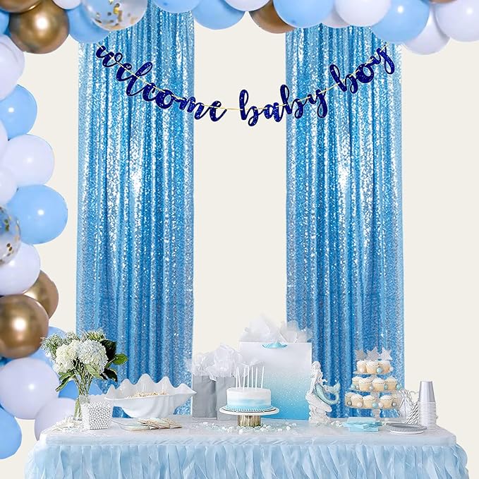 ShinyBeauty Baby Blue and Blue Sequin Backdrop - 4 Pieces Photo Booth Curtains, Sparkle Fabric Glitter Background for Baby Shower, Birthday, and Party Decorations