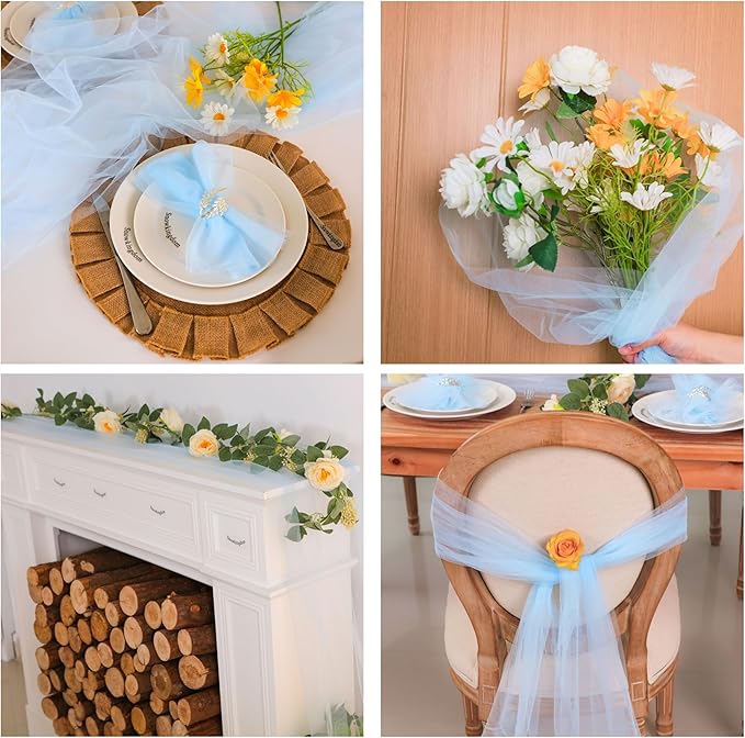 Snowkingdom Light Blue Cheesecloth Table Runner 10FT, Baby Blue Sheer Tulle Gauze Runner 120 Inch, Rustic Boho Party Table Decoration for Wedding Bridal Baby Shower Birthday Christmas Winter Holiday