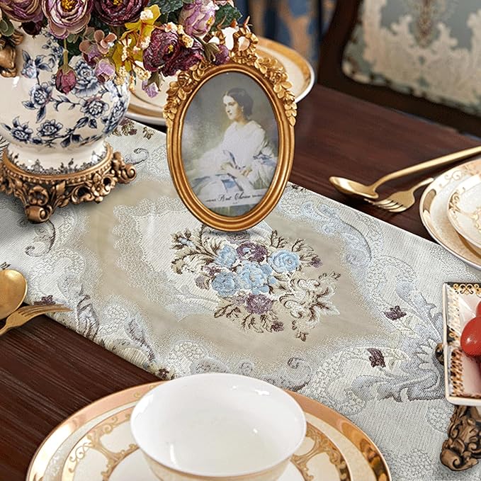 HeMiaor Jacquard Damask Table Runner Chenille Flowery with Delicate Tassel Luxurious Decoration 13"x72" Beige