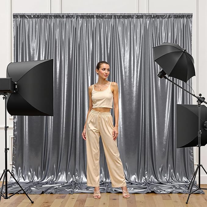 10x10FT Charcoal Silver Sequin Backdrop - 2 Panels 5x10FT Wrinkle-Free Glitter Drapes for Weddings, Parties & Events