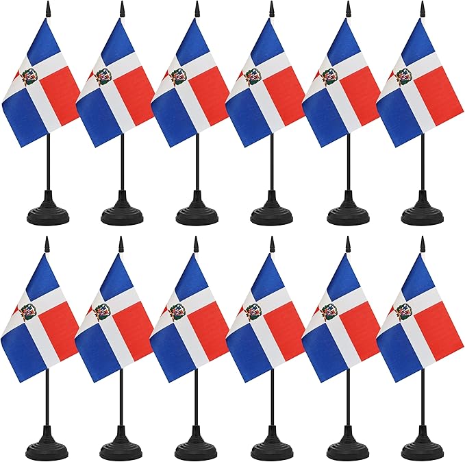 12 Pack Dominica Desk Flag Set, Dominican Table Office Flag, Small Miniature Desktop Flag With Black Pole and Black Base, Classroom, Offices Meeting Desk Decoration (Dominica)