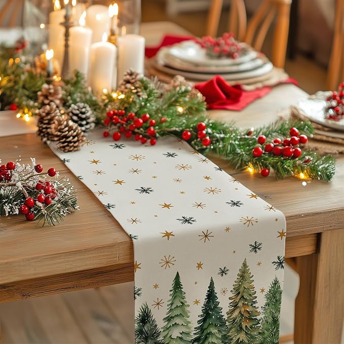 GEEORY Christmas Table Runner 13x120 Inch, Xmas Tees Snowflakes Holiday Decorative Farmhouse Table Decoration for Kitchen Dinning, Indoor Outdoor Dinner Party Decor (Light Green) GT166-120