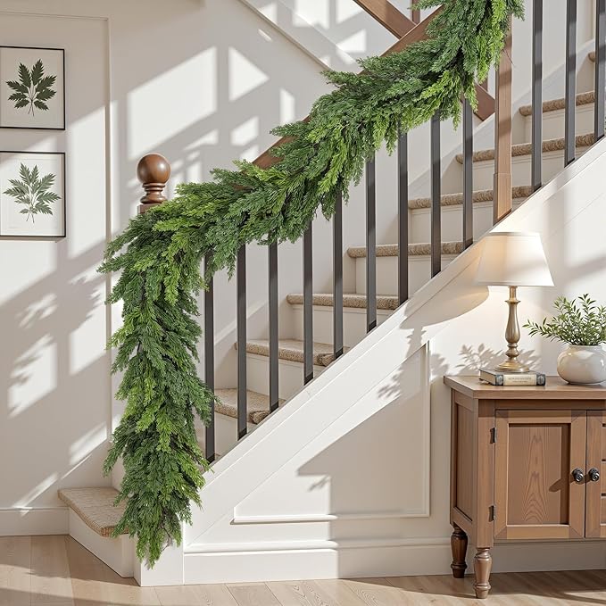 12FT Artificial Christmas Garland, Real Touch Greenery Cypress Pine Garland for Mantle Table Railing Fireplace Indoor & Outdoor Christmas Decoration