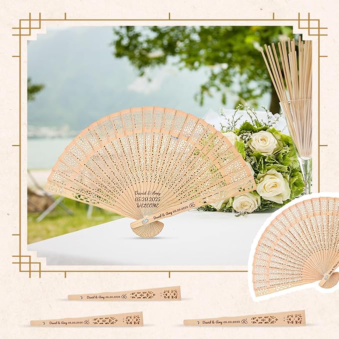30pcs Personalized Wedding Fans for Guests - Custom Wooden Hand Fans with Names/Dates - Bulk Wedding Favors for Bridal Shower, Baby Shower & Parties (Wood, 30pcs)