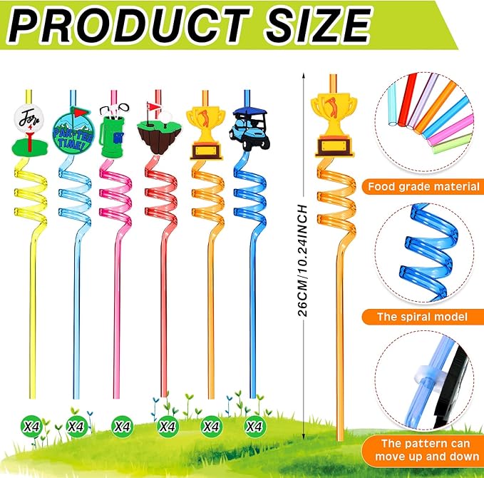 24 Pack Golf Party Decorations Favors Straws Golf Theme Birthday Party Supplies Par Tee Fore Time Decorative PET Drinking Straws Sports Themed Party Decorations for Kids Boys Baby Shower Retirement