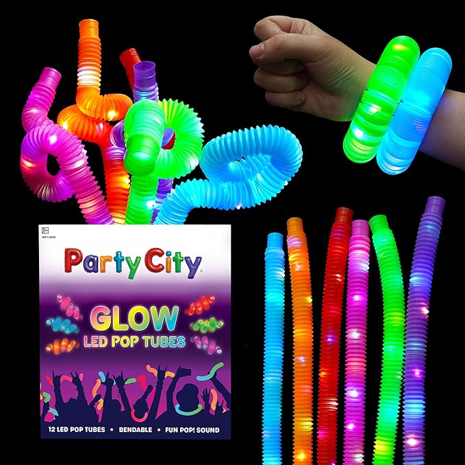 Party City 12pk LED Light Up Pop Tubes 25”- 3 Mode Stretchy Tubes LED Light Up Toys Bulk Glow Sticks Party Favors for Kids Necklaces Bracelets Neon Glow in the Dark Supplies Fidget Sensory Tube Pack
