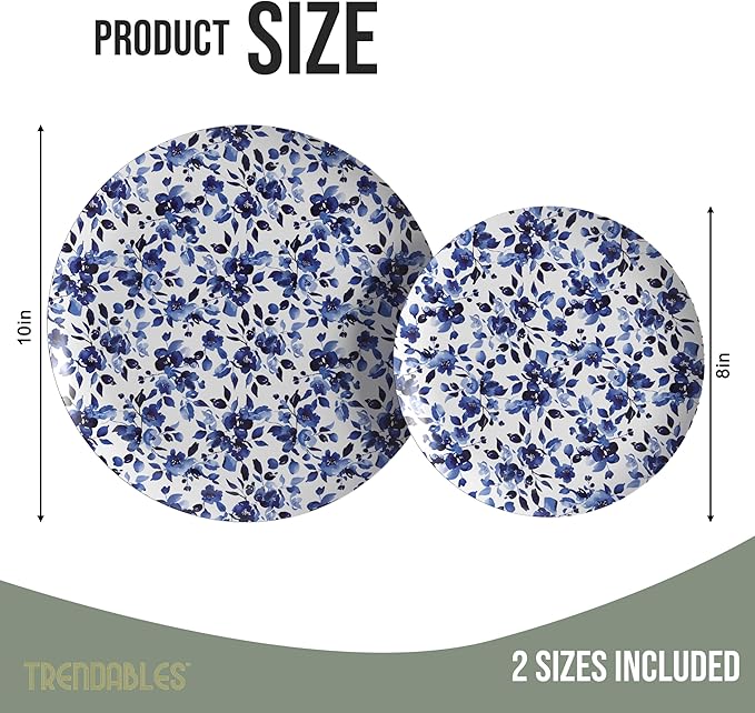 Trendables Heavy Duty Paper Plates Set For 32 Guests - 32 Each Of 8-inch And 10-inch Disposable Plates For Party - Fancy 64 Piece Dinnerware Set For All Occasions | Floral Design, Bluebelle