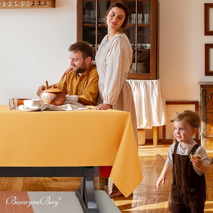 Biscaynebay Fall Tablecloth Textured Fabric 70x108 Inch Rectangular, Fall Gold Thanksgiving Autumn Harvest Water Resistant Fabric Tablecloths for Kitchen, Dining, Wedding, Parties Machine Washable