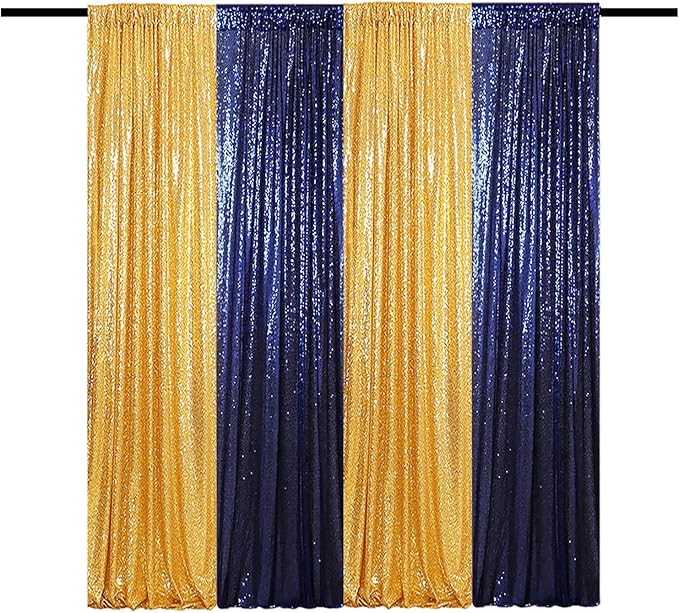 Sequin Backdrop Curtain 4 Panels 2FTx8FT Glitter Background Drapes Gold and Navy Blue Sparkle Photography Backdrop for Party Wedding Birthday Wall Decoration