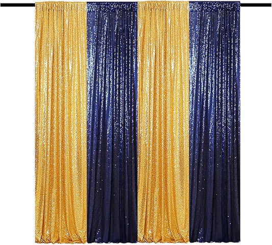 Sequin Backdrop Curtain 4 Panels 2FTx8FT Glitter Background Drapes Gold and Navy Blue Sparkle Photography Backdrop for Party Wedding Birthday Wall Decoration