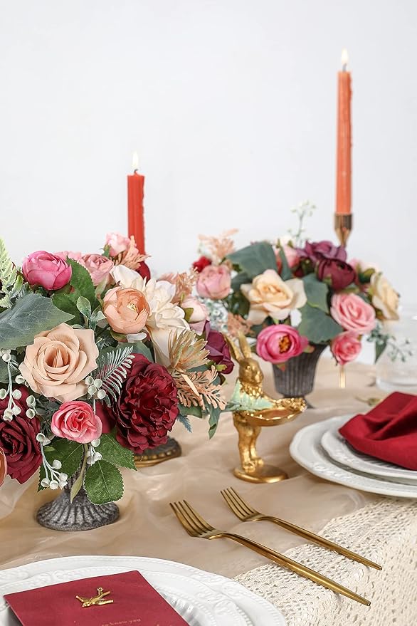 Serra Flora Artificial Flowers Combo Box Set Faux Flowers Bulk Flower Leaf with Stems for DIY Wedding Bouquets Centerpieces Baby Shower Party Home Decorations- (Burgundy Pink)