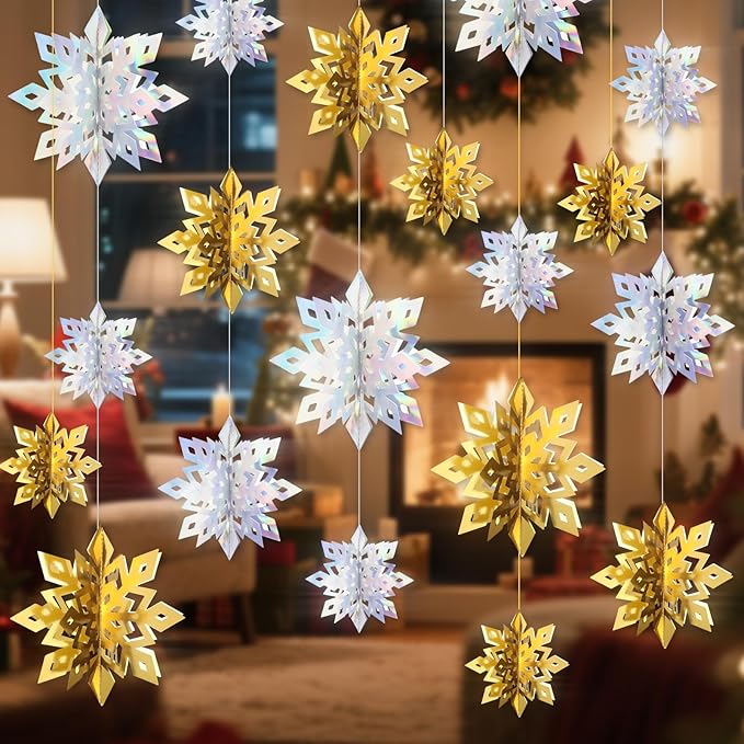 Benbilry 3D Hanging Snowflake Decorations for Christmas Tree, 36pcs 3 Size Winter Wonderland Decorations for Frozen Birthday Party, Christmas Home Decor - 18pcs Iridescent and 18pcs Gold Color