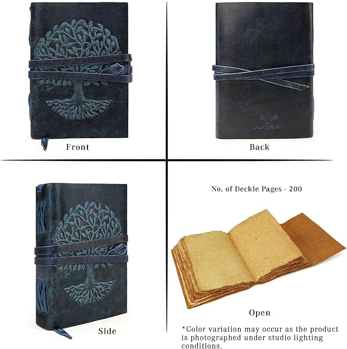 LUXEORIA Tree Of Life Leather Journal for Women and Men, Handcrafted Leather Journal for Writing Womens, Sketchbook, Travel Diary with Unlined Deckle Paper, Dark Blue 6x8