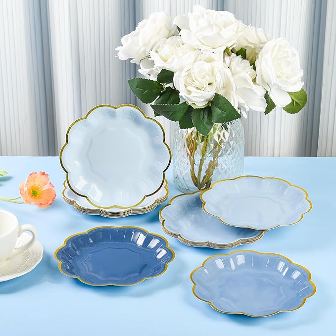 Dusty Blue Party Plates Gradient Blue Dessert Paper Plate 7inch Gold Foil Scalloped Edge Disposable Cake Plates for Father’s Day Birthday Bridal Baby Shower Wedding Party Supplies